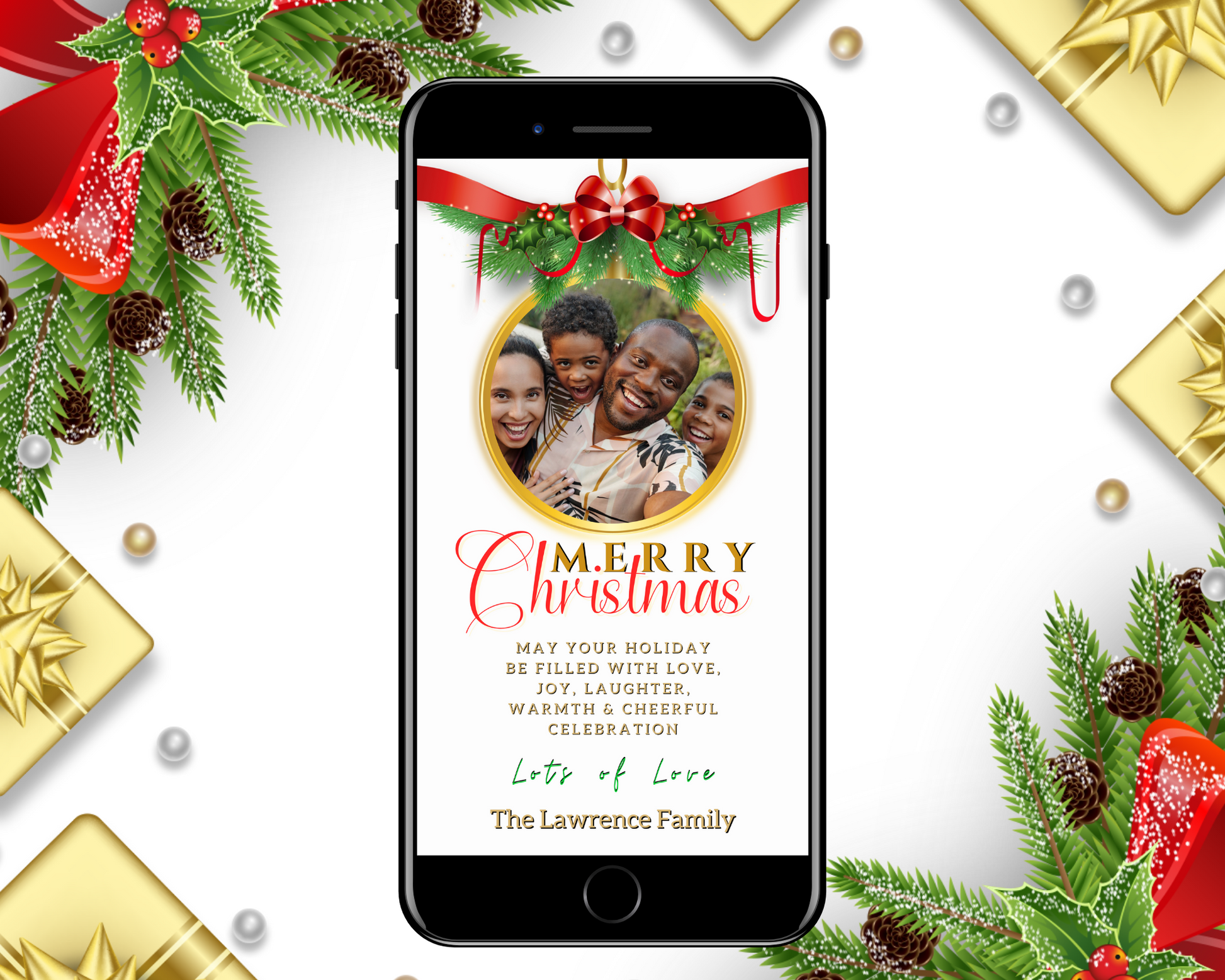 Smartphone displaying a customizable Merry Christmas e-card featuring a family photo and holiday decorations, part of the White Red Ribbon Oval collection from URCordiallyInvited.