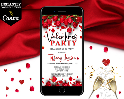 Cell phone displaying a customizable Red Roses Border Themed Valentines Party Evite with confetti and rose petals.