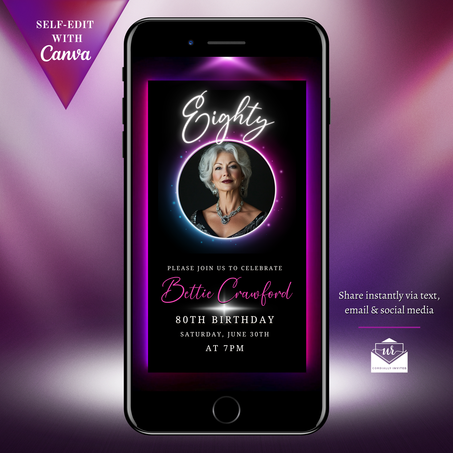 70th Birthday Video Invitation showcasing an elegant woman on a smartphone screen, featuring a pink and purple neon oval photo frame for customization.