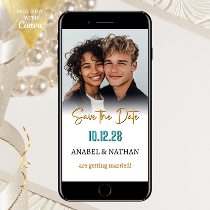 Animated Tropical Destination Save the Date Video Invitation displayed on a smartphone, featuring a couple's photo, ideal for beach or island weddings.