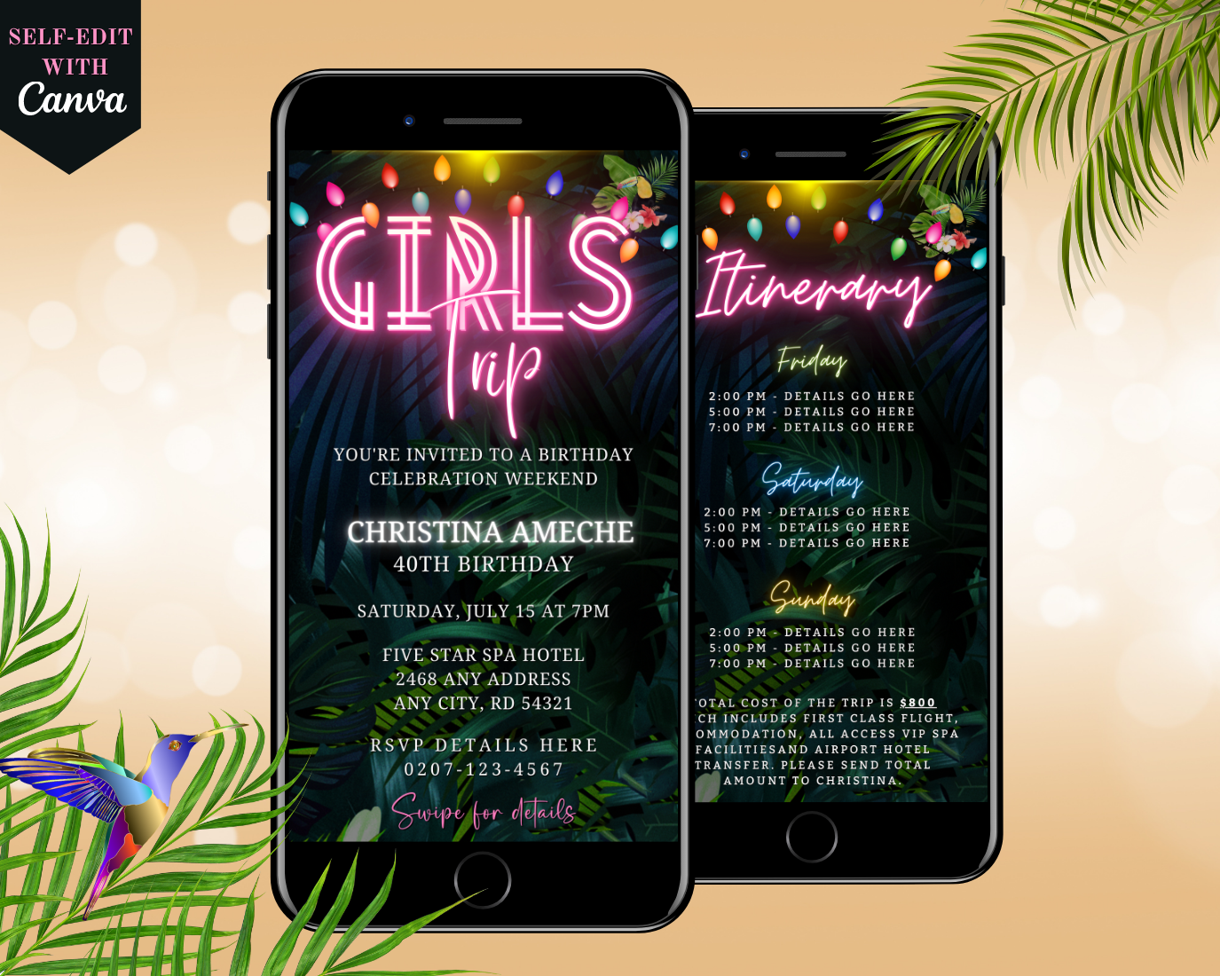Tropical Destination Neon Pink | Girl's Trip Evite displayed on smartphones with a vibrant neon sign in the background.