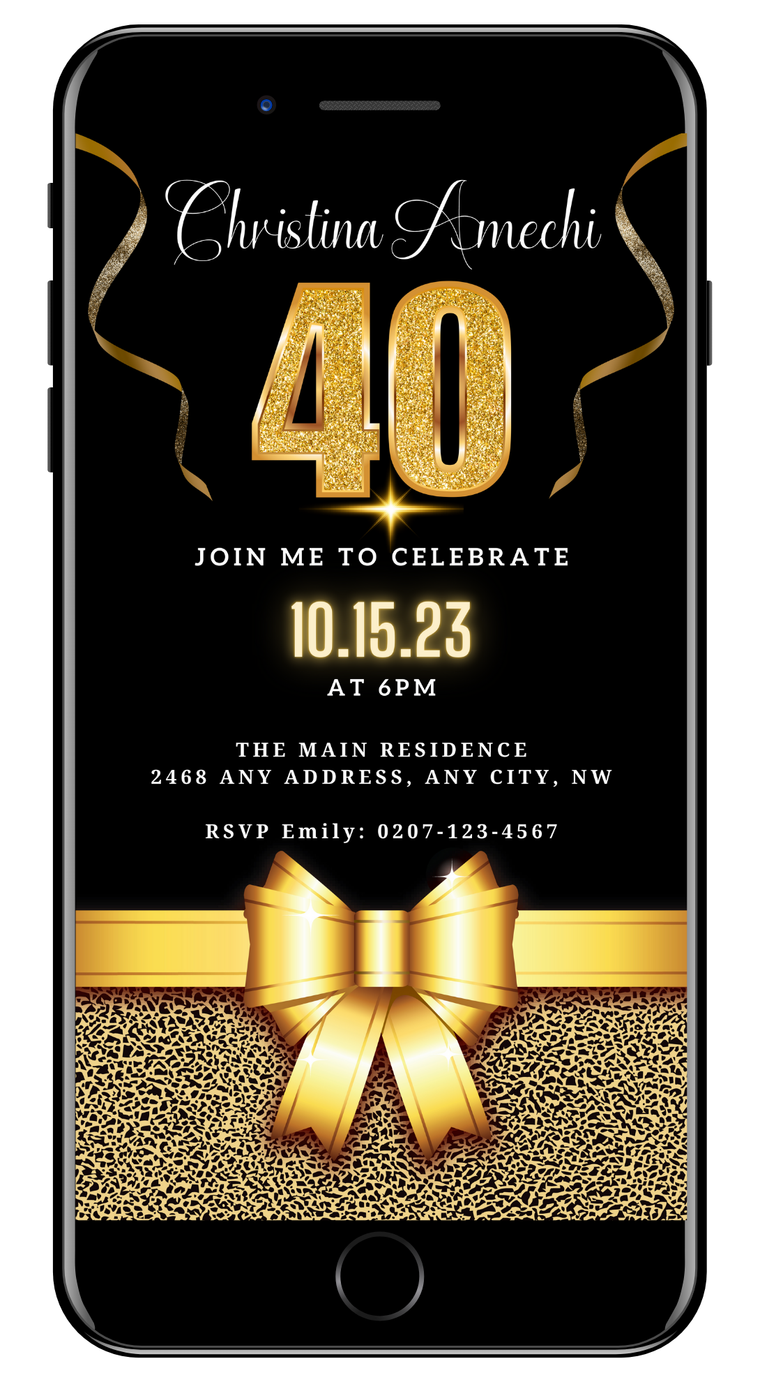 Customizable Digital Black Gold Leopard 40th Birthday Evite displayed on a smartphone screen with a gold ribbon and bow, ready for personalization via Canva.
