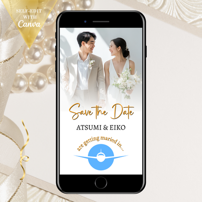 Tropical Destination Wedding Save the Date Video Invitation displayed on a smartphone screen, featuring a couple in wedding attire with customizable digital features for personalizing event details.