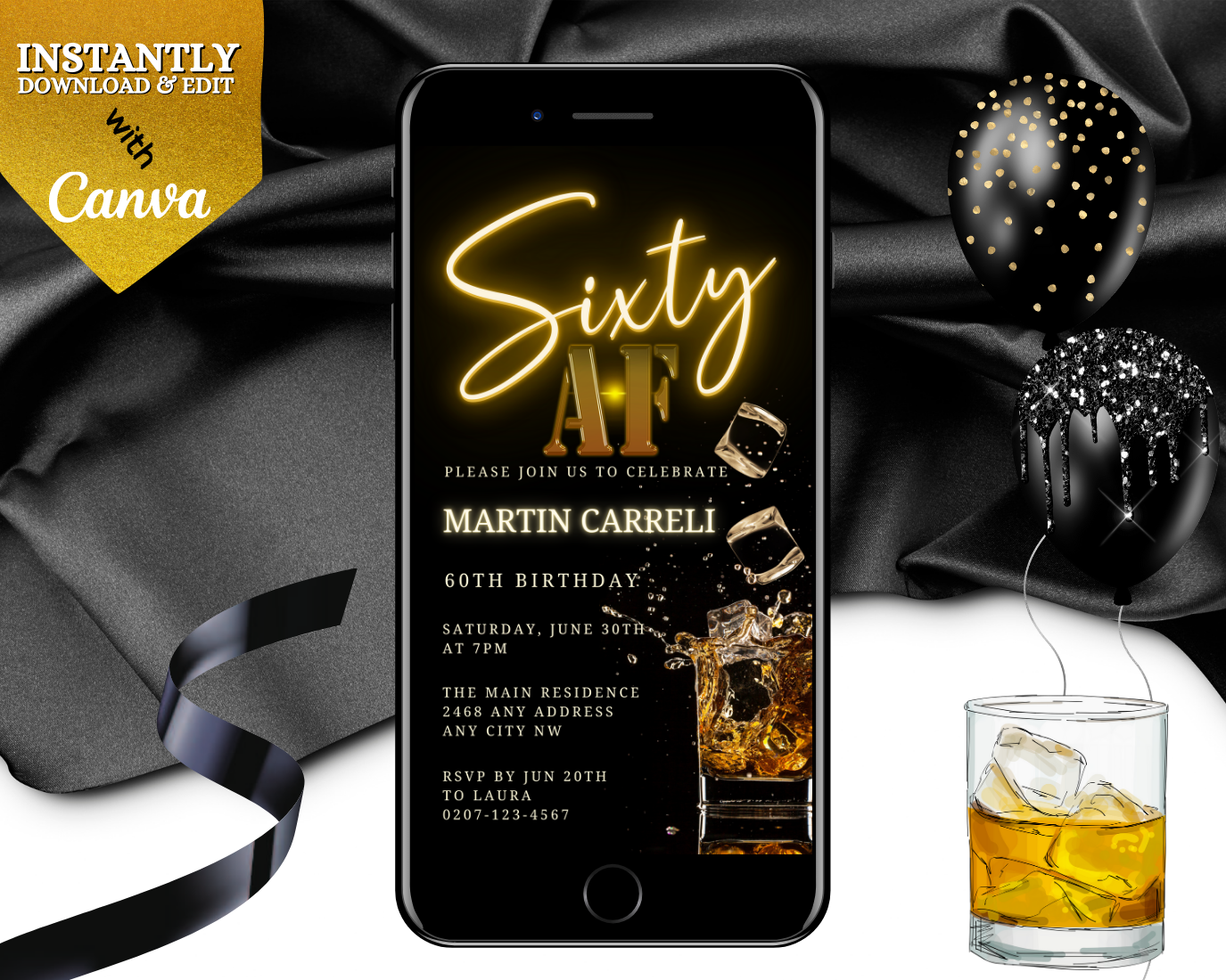 Black Gold Neon Cube Splash | 60AF Birthday Evite: A customisable digital invitation template shown on a smartphone, accompanied by a glass of whiskey and black balloons.