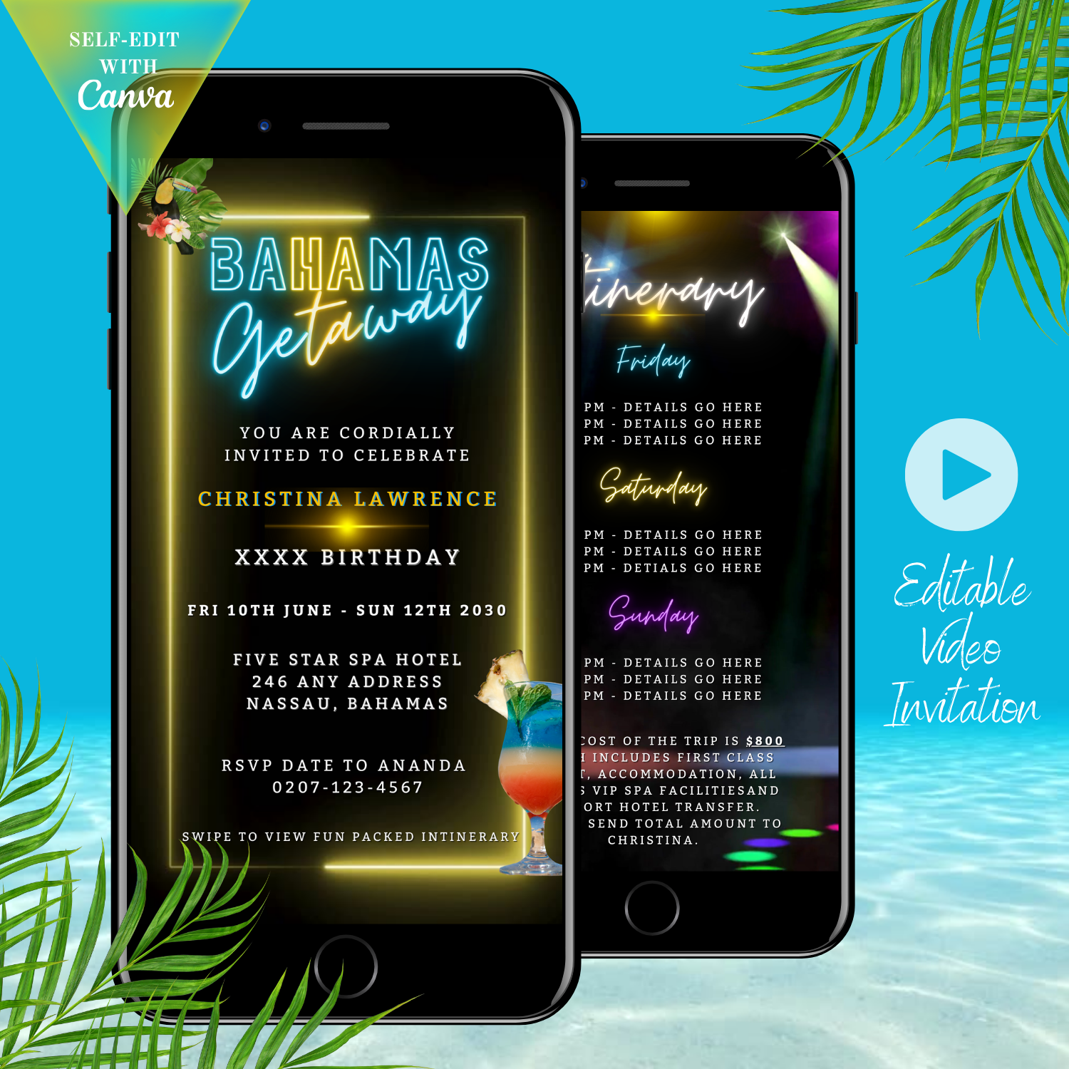 Bahamas Getaway Video Invitation featuring a smartphone with tropical palm leaves and a beach cocktail, showcasing a vibrant, customizable animated invite for special occasions.