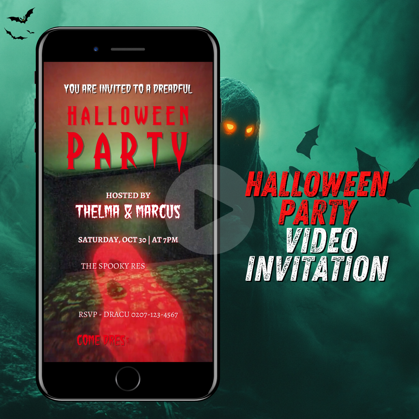 Beetlejuice Halloween Party Video Invitation displayed on a smartphone screen, featuring spooky animated effects and a ghost image.