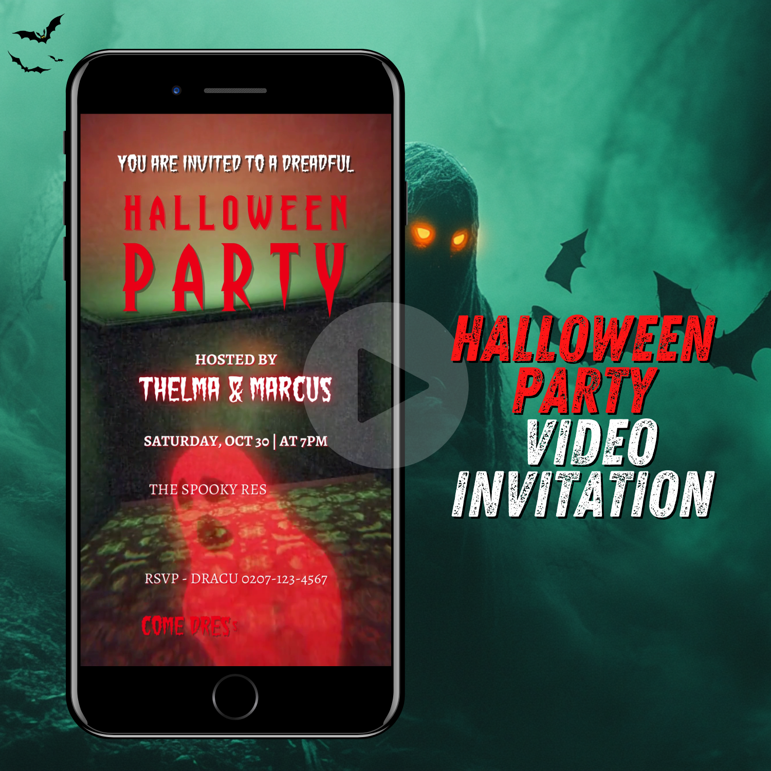 Beetlejuice Halloween Party Video Invitation displayed on a smartphone screen, featuring spooky animated effects and a ghost image.