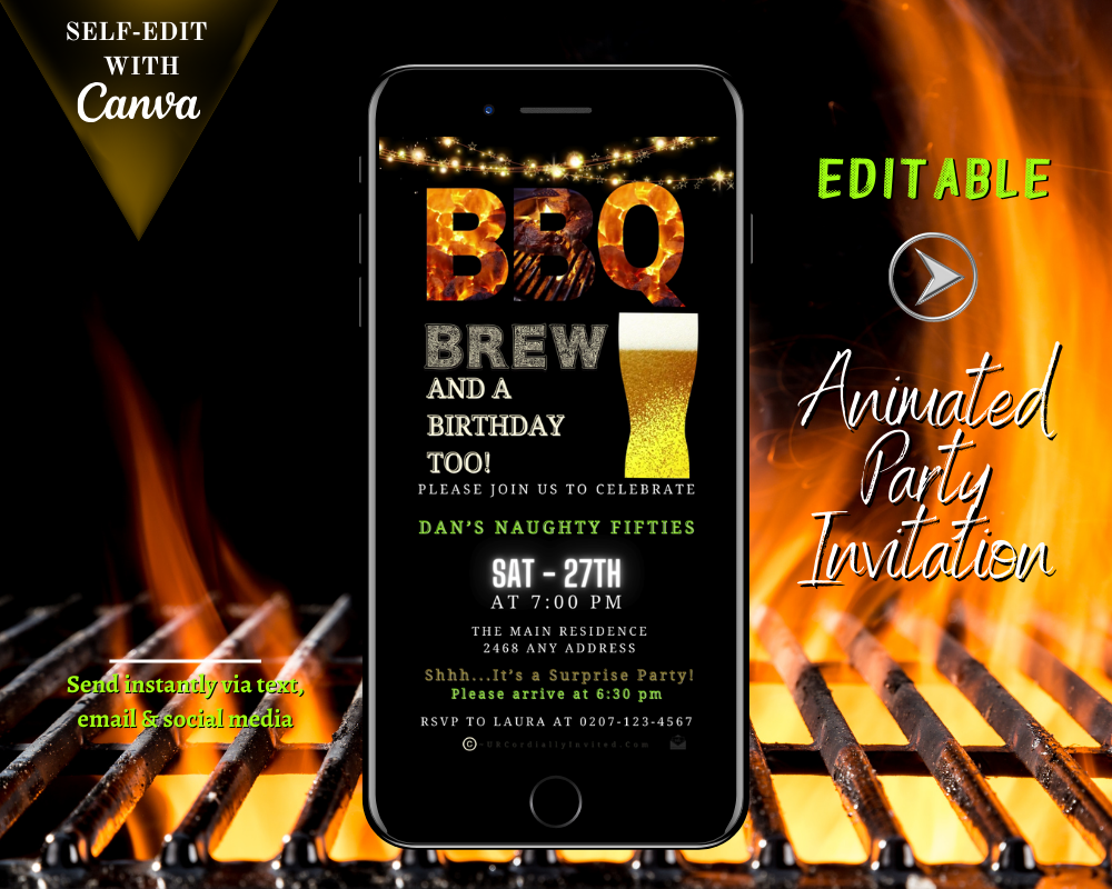 Cell phone displaying a customizable BBQ Flame & Brew Birthday digital video party invitation template for smartphones.