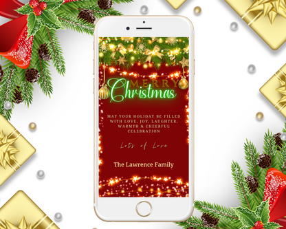 Christmas Lights Green Neon | Merry Christmas Ecard displayed on a smartphone screen with a red background and editable text elements.