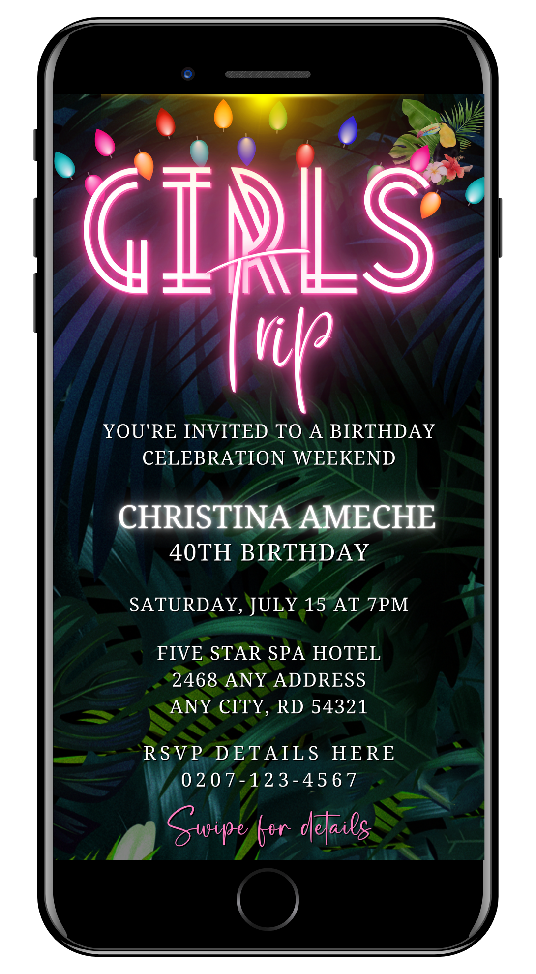 Digital Tropical Destination Neon Pink | Girl's Trip Evite displayed on a smartphone screen, featuring customizable neon pink text and tropical-themed graphics.