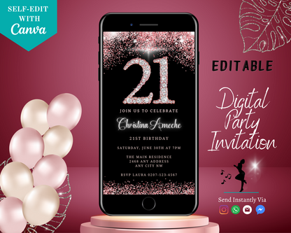 Rose Gold Glitter Diamond 21st Birthday Evite displayed on a smartphone screen with balloons in the background, customizable via Canva for easy digital sharing.