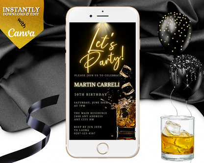 Gold Neon Splashing Cubes Party Evite displayed on a smartphone screen, featuring a customizable digital invitation with a glass of amber liquid and ice cubes.