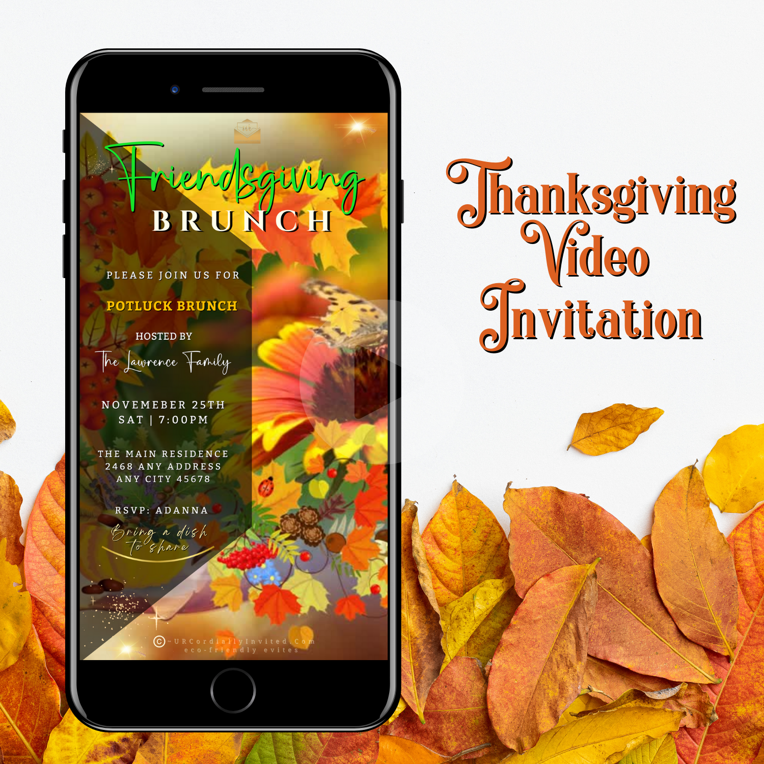 Friendsgiving Butterfly Potluck Video Invitation showcasing vibrant autumn leaves and elegant design on a mobile screen, perfect for customizable digital holiday gatherings.