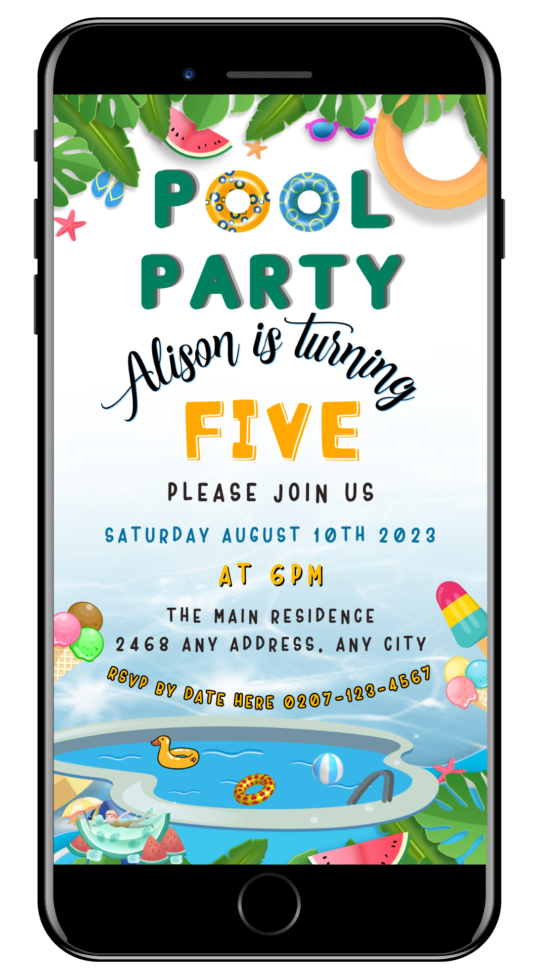 Kids Birthday Pool Party Digital Invite displayed on a smartphone screen, with playful graphics including an inflatable ring, starfish, and ice cream. Editable via Canva for easy customization.