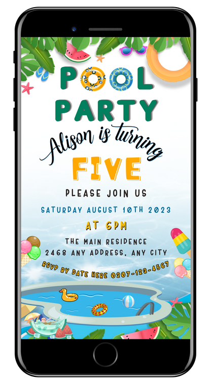 Kids Birthday Pool Party Digital Invite displayed on a smartphone screen, with playful graphics including an inflatable ring, starfish, and ice cream. Editable via Canva for easy customization.