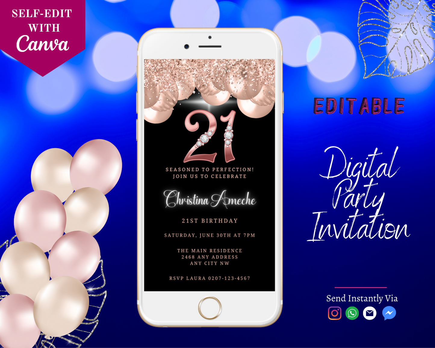 Customizable 21st Birthday Evite featuring rose gold balloons and diamond studs, displayed on a white smartphone screen. Perfect for digital sharing via text or email.