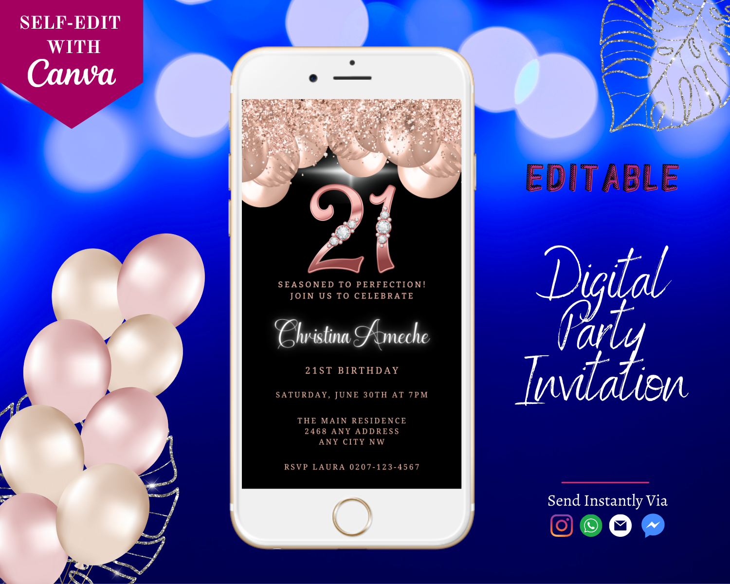 Customizable 21st Birthday Evite featuring rose gold balloons and diamond studs, displayed on a white smartphone screen. Perfect for digital sharing via text or email.