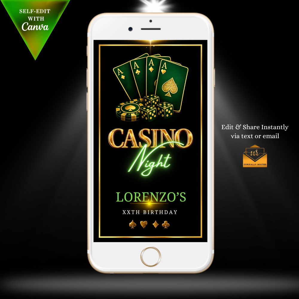 Casino Night Green & Gold Animated Invitation Suite