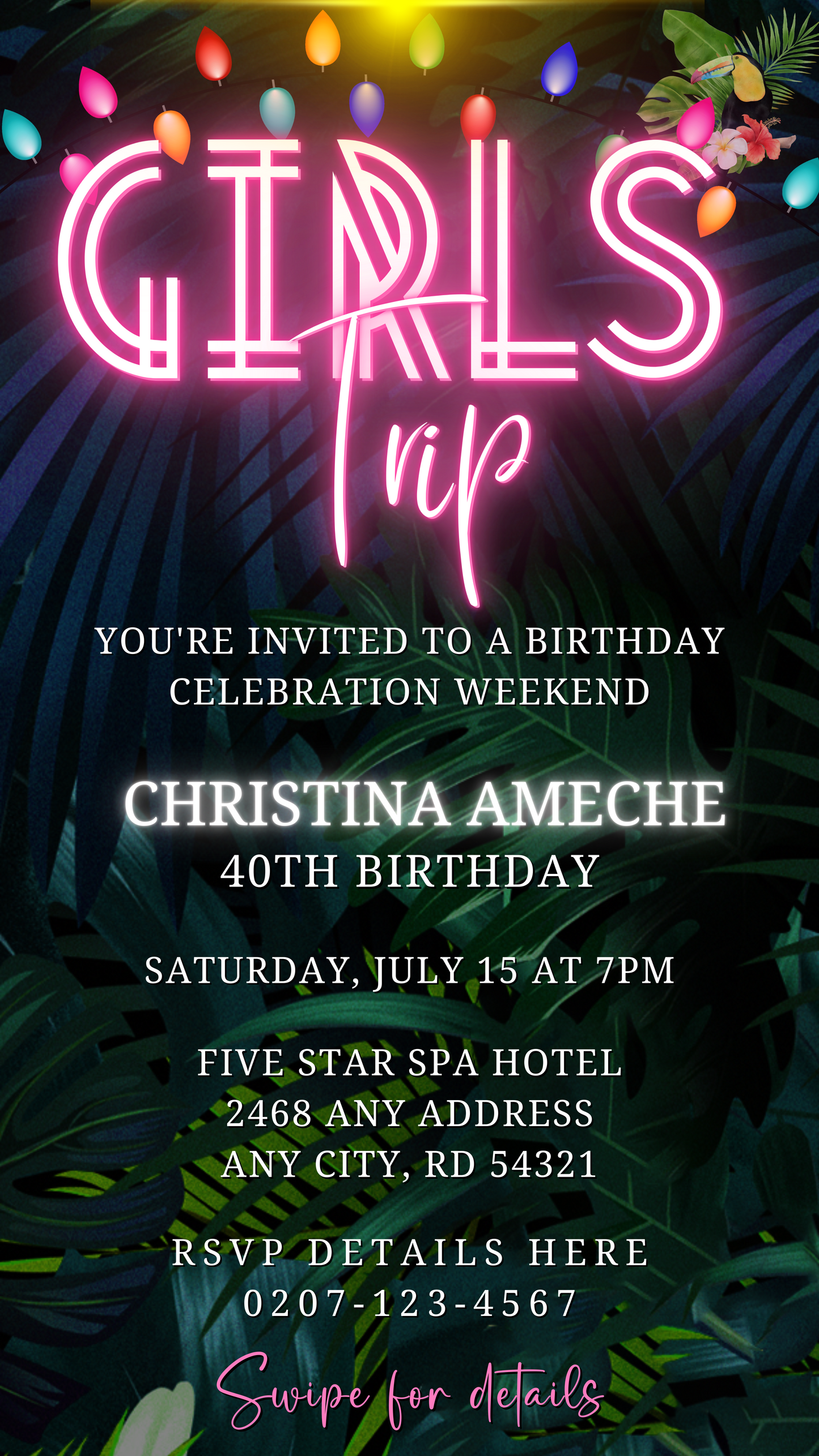 Customizable Tropical Destination Neon Pink Girl's Trip Evite, displayed as a vibrant pink neon sign on a black background, perfect for digital invitations.