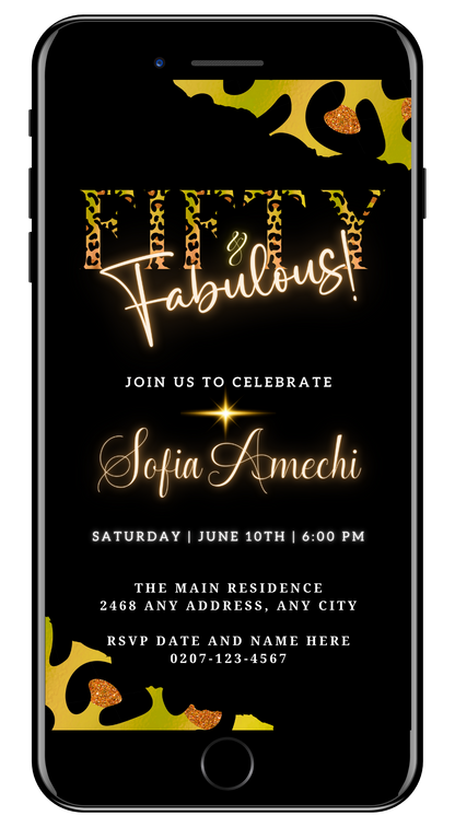 Customizable digital invitation titled Green Gold Neon Black Animal Print | Fifty & Fabulous Party Evite, featuring editable text and a sleek black and gold design.