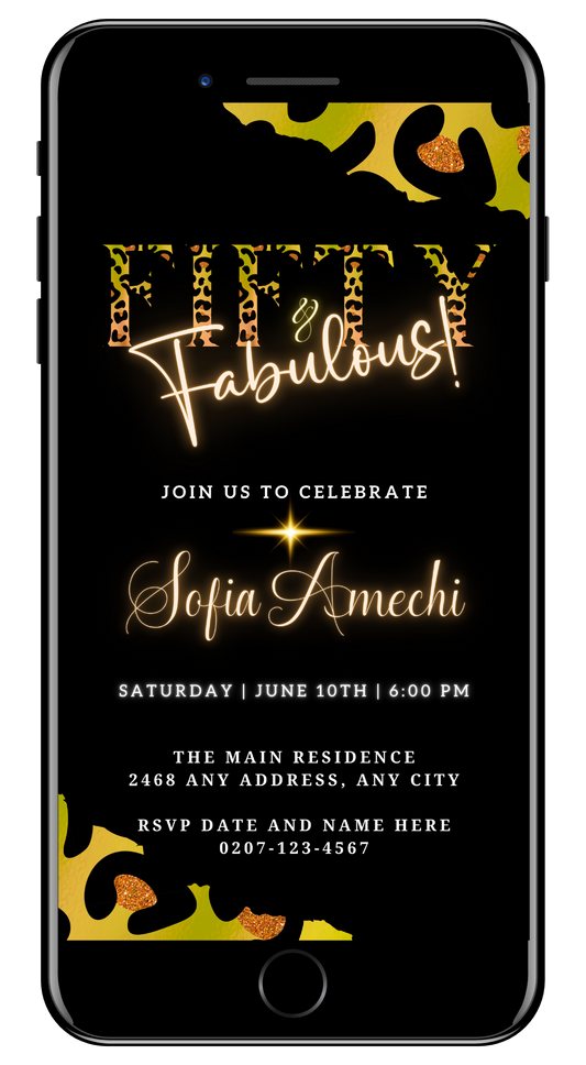 Customizable digital invitation titled Green Gold Neon Black Animal Print | Fifty & Fabulous Party Evite, featuring editable text and a sleek black and gold design.