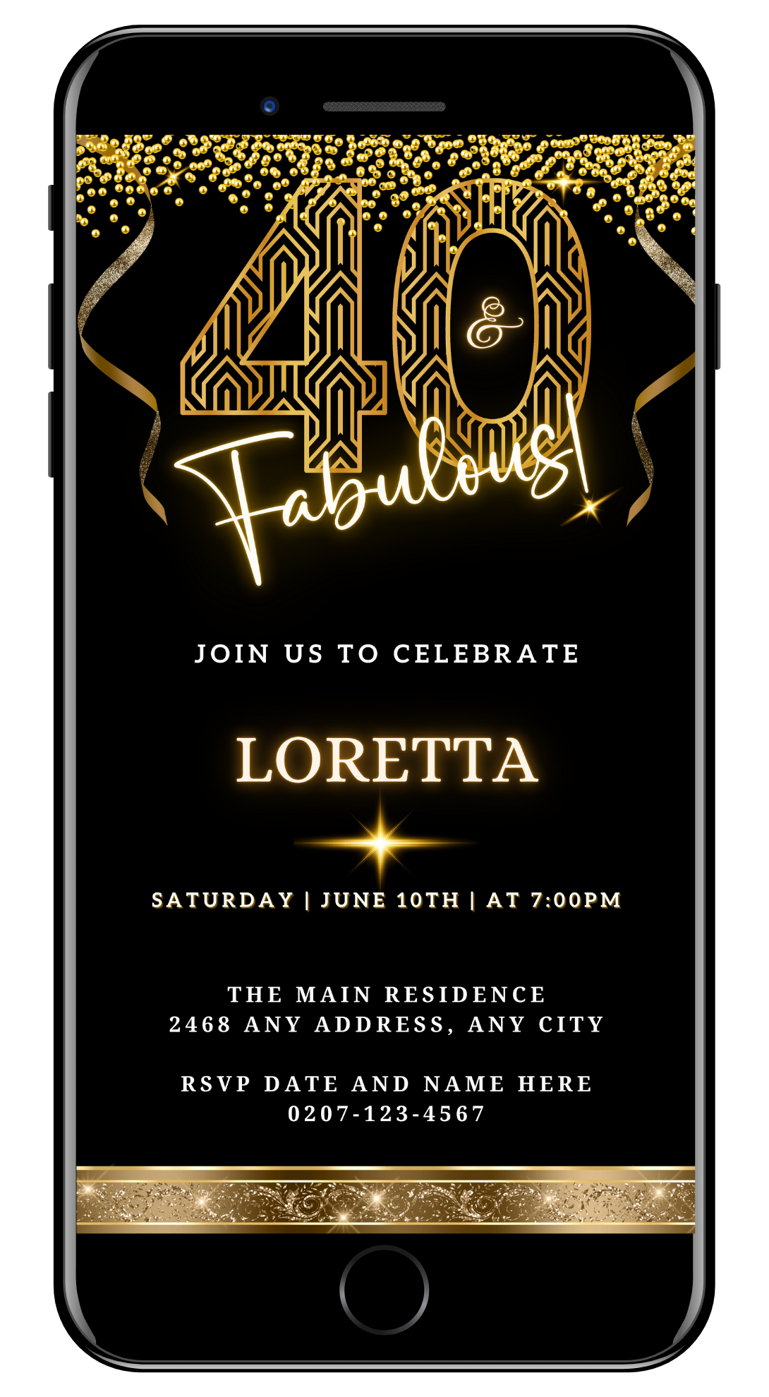 Gold Neon Glitter Black | 40 & Fabulous Party Evite featuring elegant black background with gold accents and customizable white text for a chic, digital invitation.
