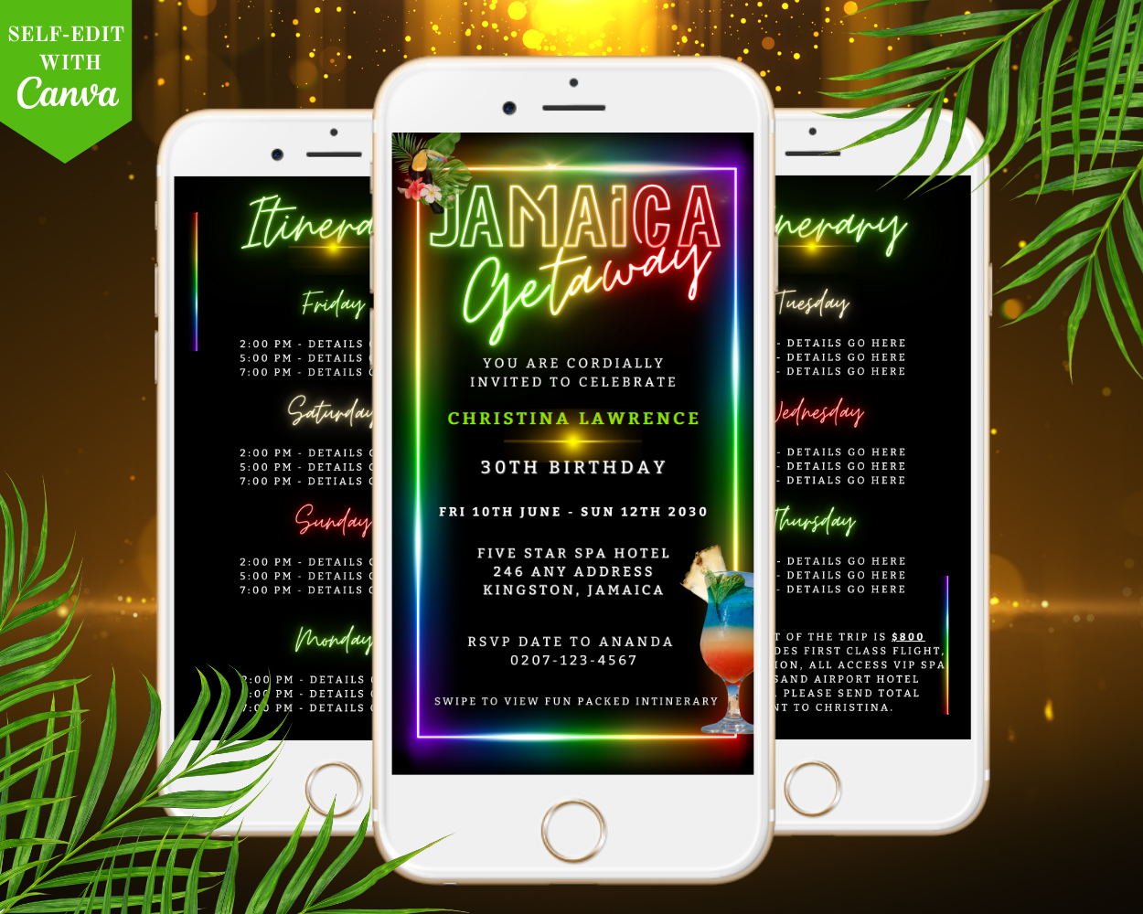 Group of smartphones displaying a customizable Jamaica Colourful Neon Getaway Party Evite template, highlighting neon design elements.