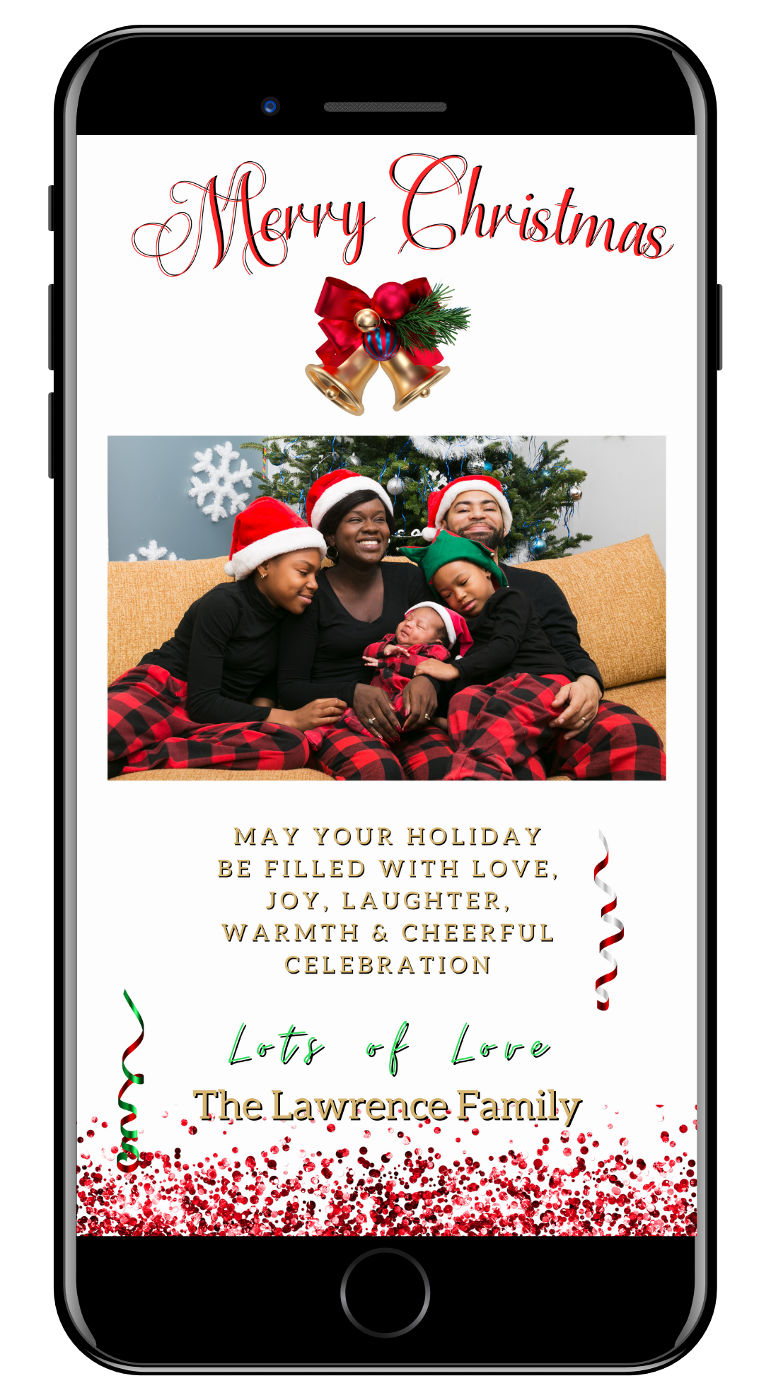 Gold Red Bell Confetti Glitter Merry Christmas Ecard displaying a family photo on a smartphone, editable via Canva for personalized digital invitations.