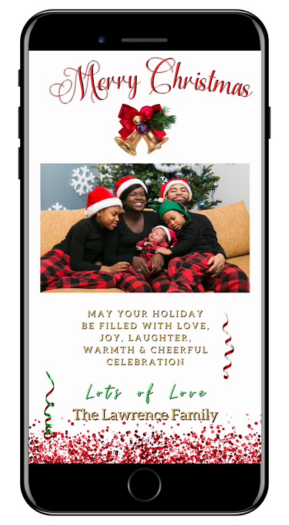 Gold Red Bell Confetti Glitter Merry Christmas Ecard displaying a family photo on a smartphone, editable via Canva for personalized digital invitations.