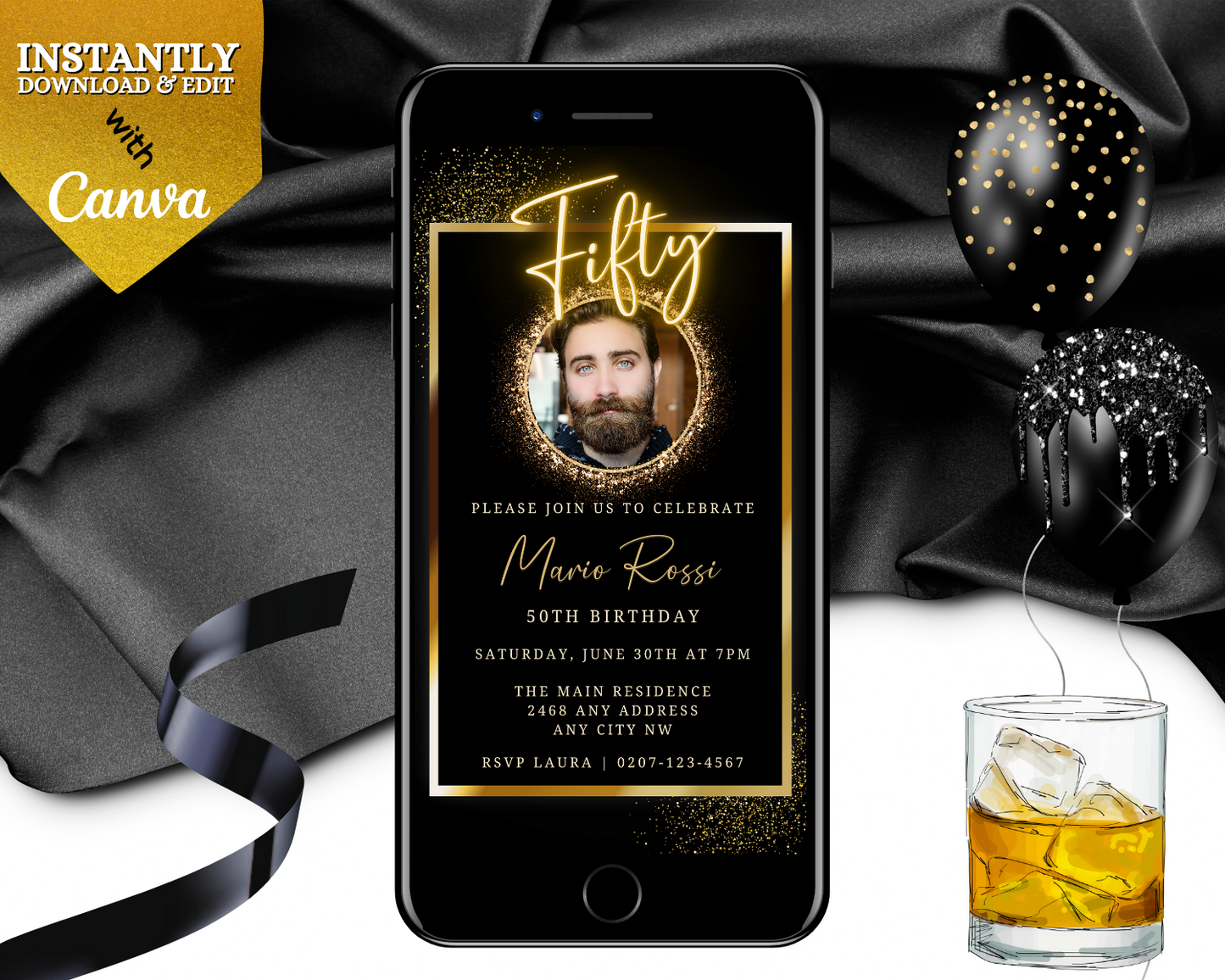 Customizable Neon Gold Oval Photo Frame | 50th Birthday Evite displayed on a smartphone screen, featuring a man's photo and editable invitation details.