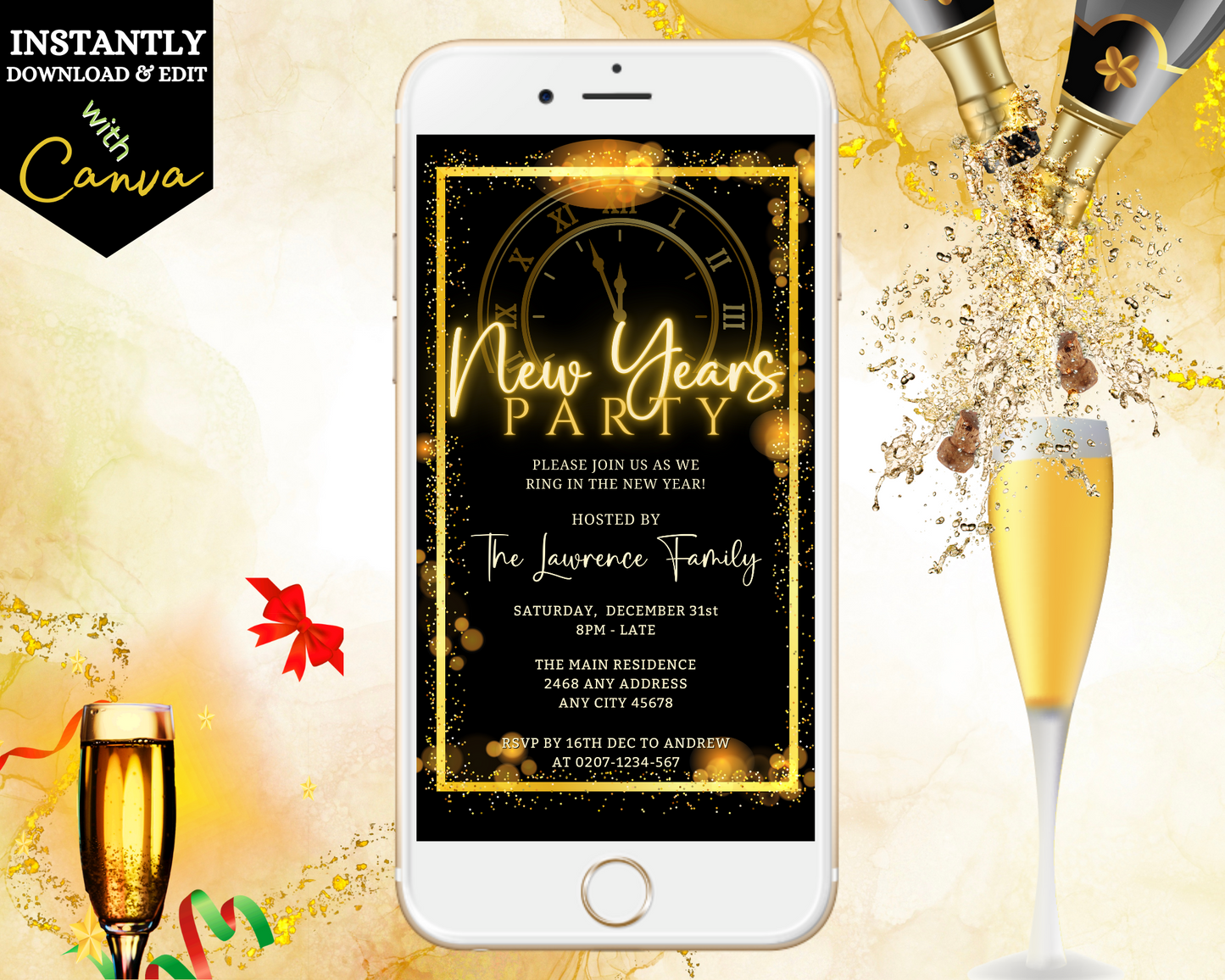 Roman Clock Golden Frame | New Years Party Evite displayed on a smartphone screen with champagne glasses, showcasing the editable digital invitation template.