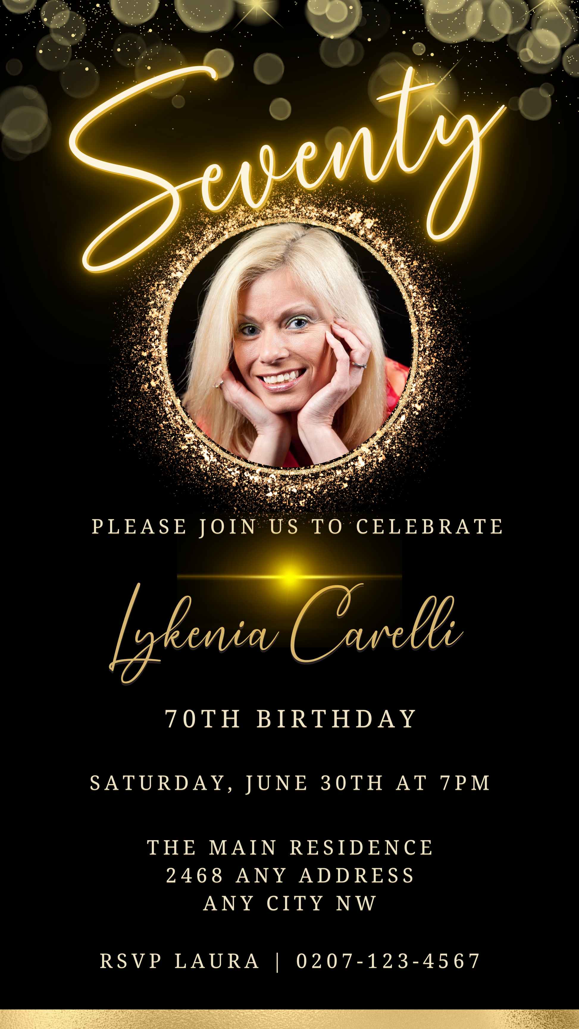 Gold Neon Oval Photo Frame 70th Birthday Evite displaying a smiling blonde woman, customizable via Canva for digital invitations.