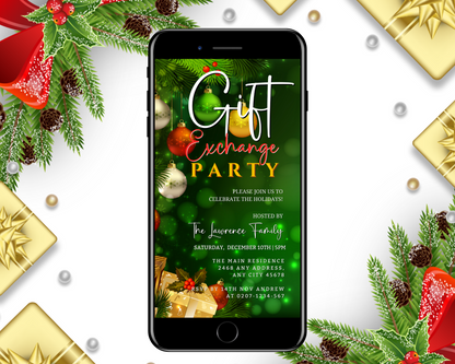 Cell phone displaying a Green Yellow Red Presents | Gift Exchange Party Evite, customizable with Canva.