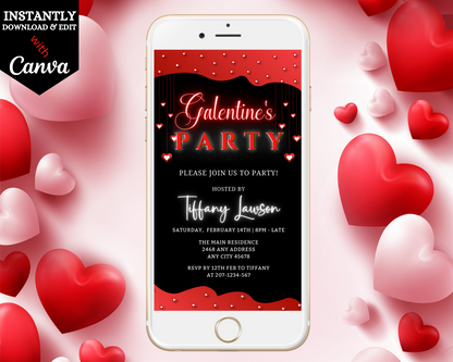 Diamond Red Hearts Border Galentines Party Evite showcased on a smartphone screen with red hearts surrounding it.