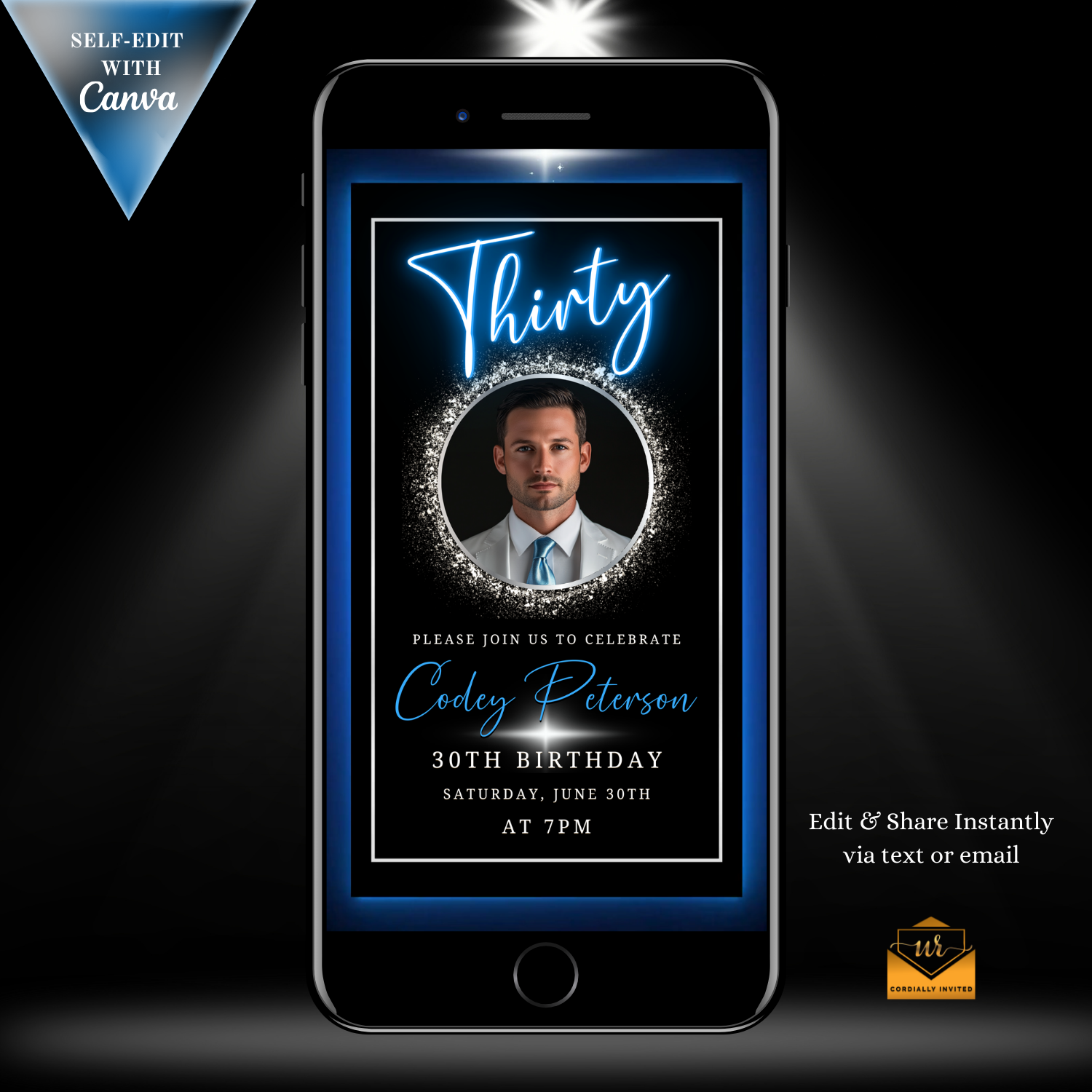 Blue & Silver 30th Birthday Video Invitation featuring a man's photo on a smartphone screen, showcasing an elegant gold oval frame and neon design elements.