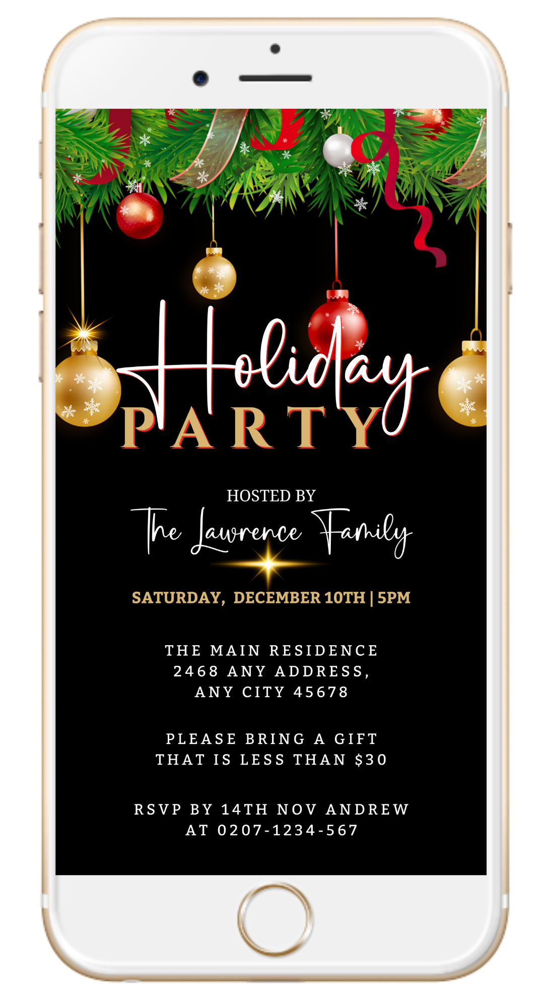 Gold Red Green Ornaments Holiday Party Evite displayed on a smartphone screen, showcasing editable digital invitation template with festive ornaments, ready for customization and electronic sharing.