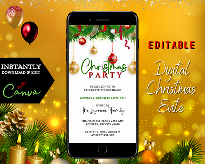 Editable Digital White Red Gold Green Ornaments Christmas Party Invitation displayed on a smartphone screen, showcasing customizable text and festive decorations.