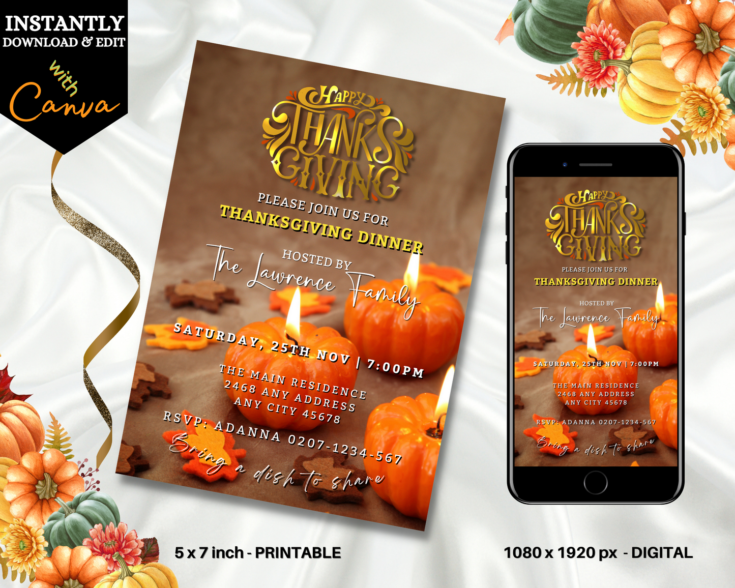 Gold Lit Pumpkins Thanksgiving Evite template displayed on a cell phone, alongside a Thanksgiving-themed poster with candles and pumpkins.