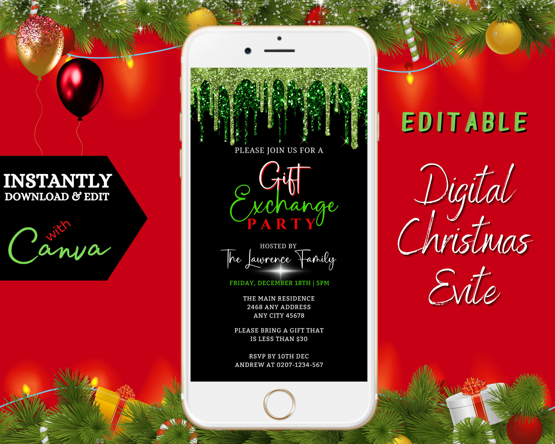 White smartphone displaying a customizable digital Green Drip Gift Exchange Party Invitation template with editable text, designed for instant download and personalization via Canva.