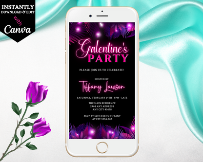 Purple Pink Neon Palm Leaves Galentines Party Evite displayed on a white smartphone with editable text visible on the screen.