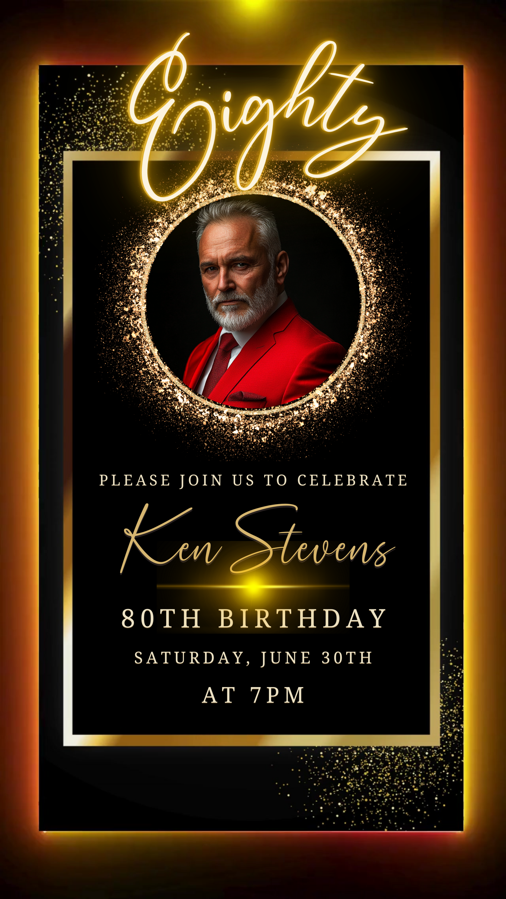 Elegant digital invitation featuring a man in a red suit, highlighting the 80th Birthday Video Invitation - Black & Gold Oval Photo Frame Animated Invite.