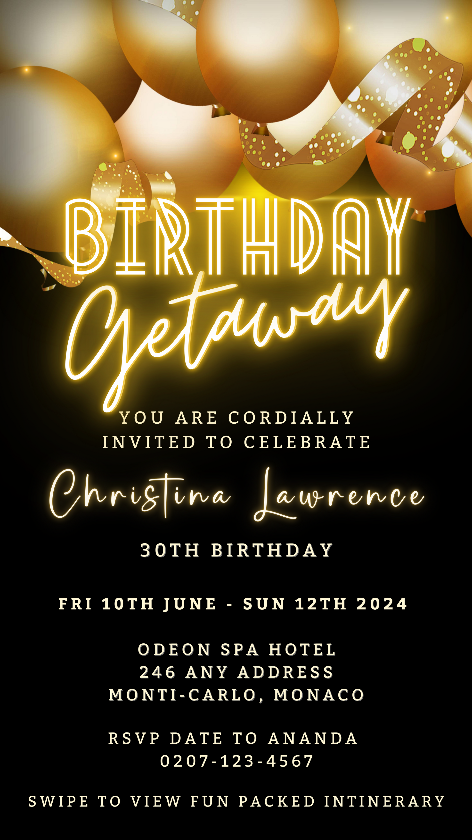 Black Neon Gold Balloons | 7 Day Getaway Birthday Evite, featuring customizable balloons and ribbons design for a digital invitation template editable via Canva.