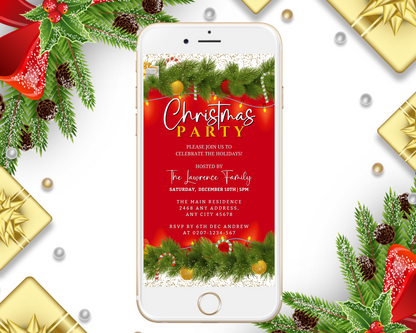 Christmas Party Evite displayed on a smartphone screen, featuring festive red, green, and white ornaments and lights, available for easy customization via Canva.