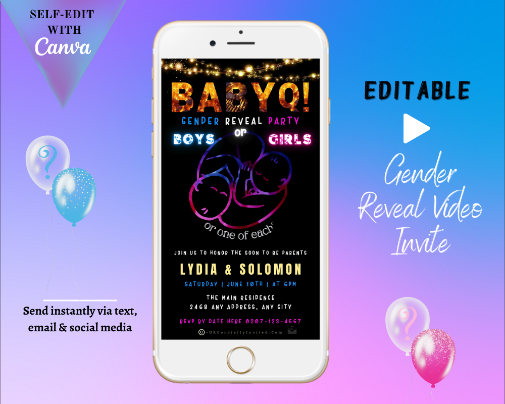 White smartphone displaying the Animated Twins Cuddle BABYQ Grill digital gender reveal invitation template with customization options.