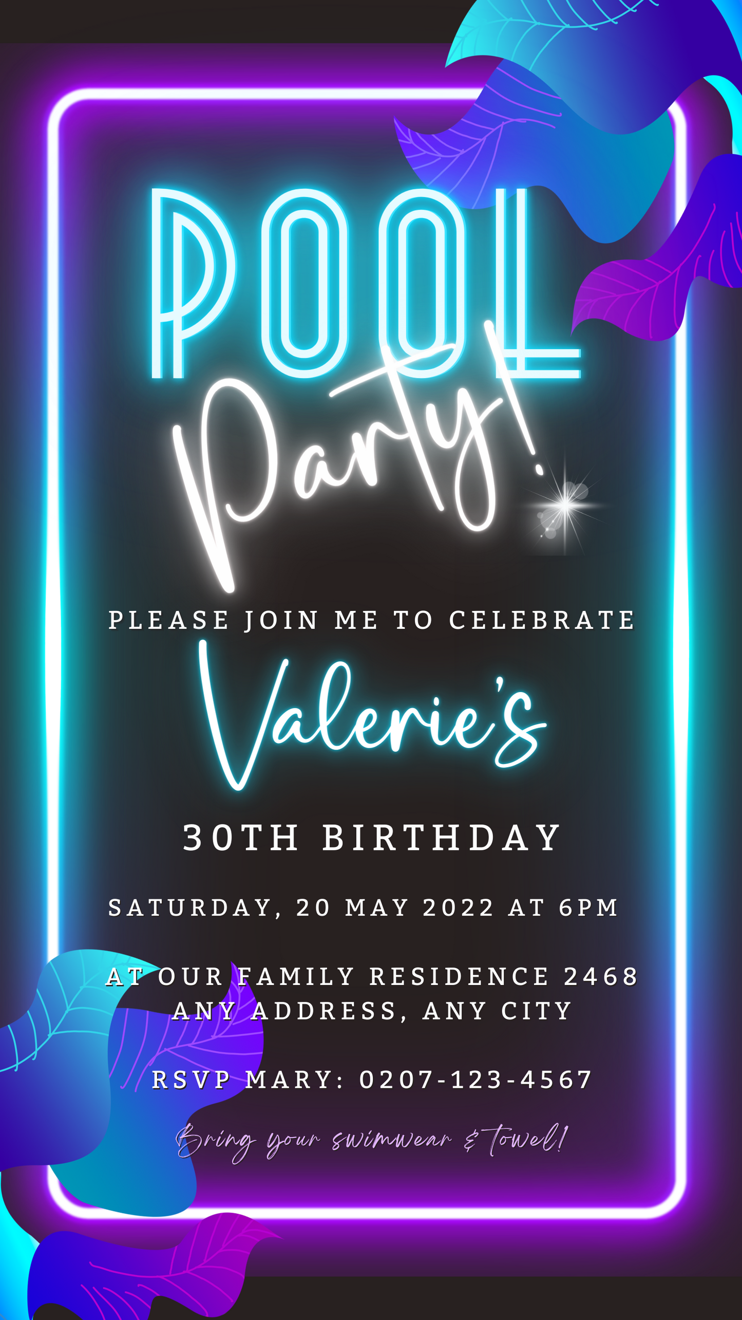 Neon Pool Party | Digital Invite: Customizable digital invitation template for pool parties, editable via Canva for smartphone sharing through text, email, or messenger apps.