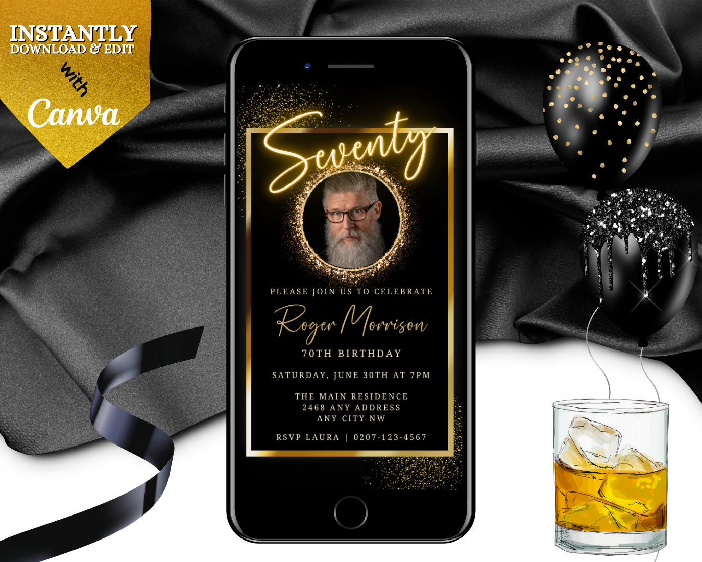 Neon Gold Oval Photo Frame | 70th Birthday Evite on a smartphone screen displaying a bearded man. Includes whiskey glass and black balloon with gold dots in the background.