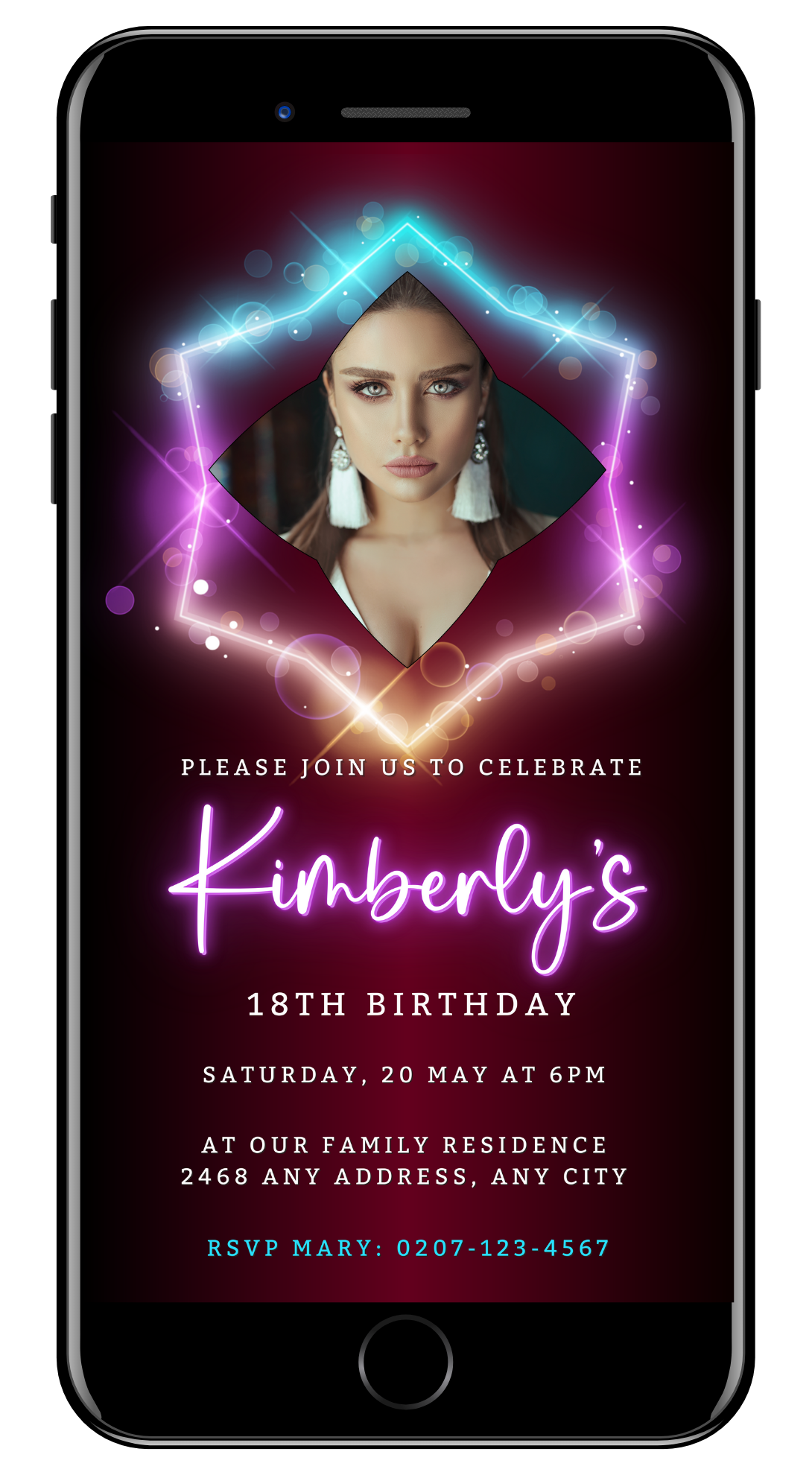 Customizable Elegant Neon Maroon Pink Birthday Party Evite displayed on a smartphone screen, featuring a woman's face and editable text.