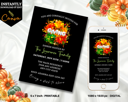 Colourful Neon Floral Black Thanksgiving Dinner Evite template displayed next to a white cell phone, showcasing customizable, eco-friendly digital invitation features.