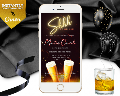 Customizable Gold Neon Beer Men's Surprise Party Evite displayed on a smartphone screen, with a glass of beer and celebratory elements in the background.