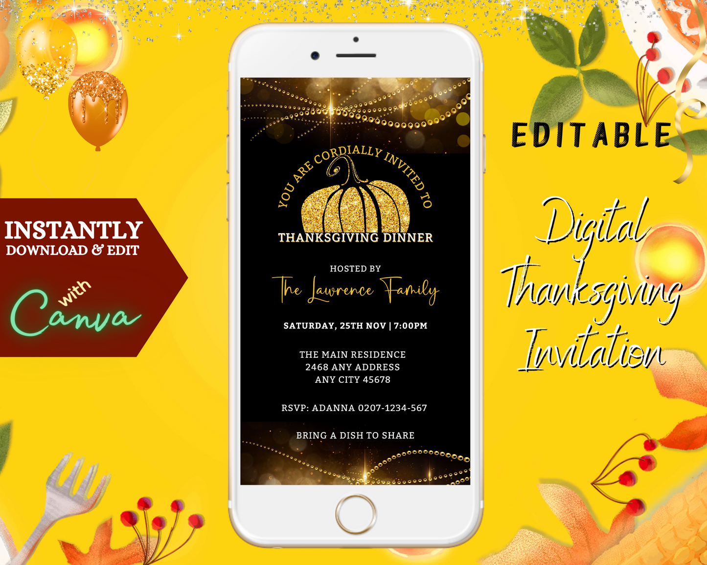 Golden Pumpkin Sparkle | Thanksgiving Dinner Evite featuring editable text on a customizable digital invitation displayed on a white cell phone.